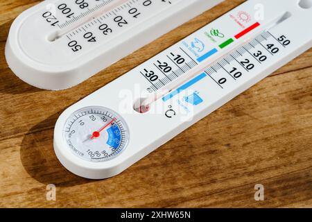 Zwei Thermometer auf Holzoberfläche Stockfoto