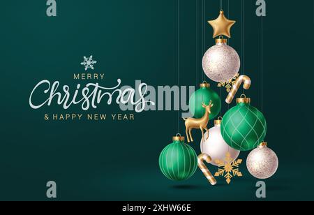 Frohe weihnachten Gruß Vektor-Design. Weihnachtskugeln, Glitzerkugeln, Zuckerrohr, Schneeflocken und goldene Sterne im Weihnachtsbaum Stock Vektor