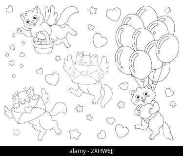 Cupid Katze, Liebesbriefe, Ballons. Malbuch-Seite für Kinder. Valentinstag. Figur im Cartoon-Stil. Vektorillustration isoliert auf weißem Backgr Stock Vektor