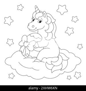 Niedliches Einhorn und osterei. Malbuch-Seite für Kinder. Figur im Cartoon-Stil. Vektorillustration isoliert auf weißem Hintergrund. Stock Vektor