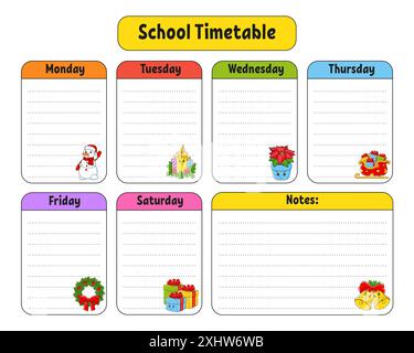 Schulplan. Fahrplan für Schüler. Leere Vorlage. Wöchentliche Hobelmaschine mit Notizen. Zeichentrickfigur. Vektorabbildung. Stock Vektor