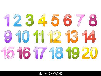 Eine Reihe von Zahlen von 1 bis 20. Bunte Kollektion. Zum Unterrichten von Kindern. Einfache Illustration des flachen Vektors isoliert auf weißem Hintergrund. Stock Vektor