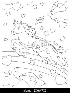 Einhorn-Postbote liefert Briefe. Malbuch-Seite für Kinder. Valentinstag. Figur im Cartoon-Stil. Vektorillustration isoliert auf weißem Hintergrund Stock Vektor