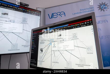 München, Deutschland. Juni 2024. Eine Testversion der umstrittenen Polizeisoftware „Vera“ ist auf einem Bildschirm im Bayerischen Landeskriminalamt (LKA) zu sehen. Quelle: Peter Kneffel/dpa/Alamy Live News Stockfoto