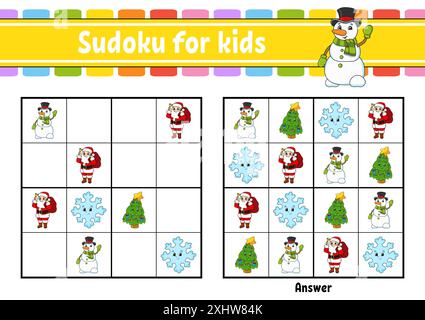 Sudoku für Kinder. Arbeitsblatt zur Entwicklung von Bildungsmaßnahmen. Zeichentrickfigur. Seite „Farbaktivität“. Puzzlespiel für Kinder. Schulung zum logischen Denken. Vektor i Stock Vektor