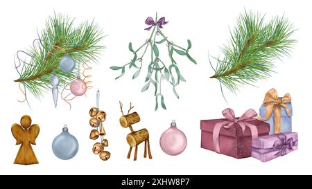 Geschenkboxen mit Bändern, Weihnachtsdekoration, von Hand gezeichnete Kiefernzweige. Weihnachten Aquarellbilder isoliert auf weiß gesetzt. Holzspielzeug, Glas Stockfoto