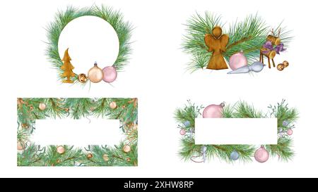 Weihnachtlicher Holzspielengel in Aquarellillustration isoliert auf weiß. Neujahrsgrußkarte Rahmensatz, Komposition handgezeichnet. Rahmen-Clipart Stockfoto