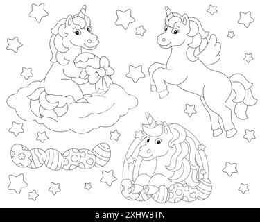 Ein Set süßer festlicher Ostereinhörner. Malbuch-Seite für Kinder. Figur im Cartoon-Stil. Vektorillustration isoliert auf weißem Hintergrund. Stock Vektor