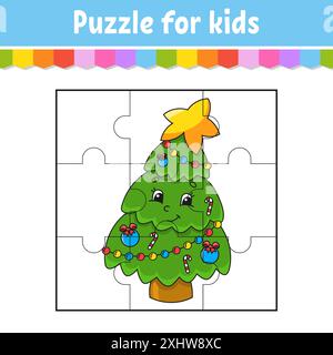 Puzzlespiel für Kinder. Stichsäge. Farbiges Arbeitsblatt. Weihnachtsmotiv. Aktivität". Isolierte Vektordarstellung. Zeichentrickstil. Stock Vektor