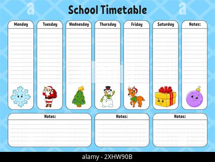 Schulplan. Fahrplan für Schüler. Leere Vorlage. Wöchentliche Hobelmaschine mit Notizen. Zeichentrickfigur. Vektorabbildung. Stock Vektor