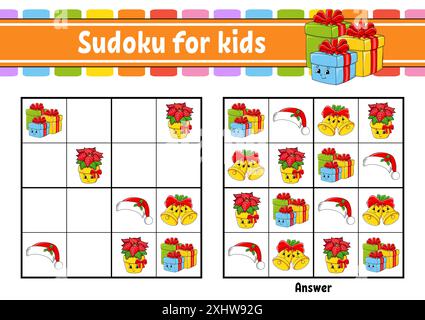 Sudoku für Kinder. Arbeitsblatt zur Entwicklung von Bildungsmaßnahmen. Zeichentrickfigur. Seite „Farbaktivität“. Puzzlespiel für Kinder. Weihnachtsmotiv. Isolierter Vektor Stock Vektor