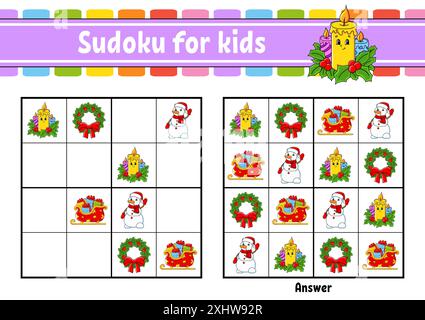Sudoku für Kinder. Arbeitsblatt zur Entwicklung von Bildungsmaßnahmen. Zeichentrickfigur. Seite „Farbaktivität“. Puzzlespiel für Kinder. Weihnachtsmotiv. Isolierter Vektor Stock Vektor