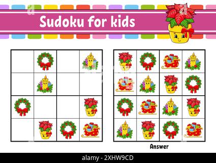 Sudoku für Kinder. Arbeitsblatt zur Entwicklung von Bildungsmaßnahmen. Zeichentrickfigur. Seite „Farbaktivität“. Puzzlespiel für Kinder. Weihnachtsmotiv. Isolierter Vektor Stock Vektor