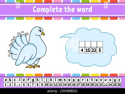 Vervollständigen Sie die Worte. Chiffriercode. Vokabeln und Zahlen lernen. Arbeitsblatt zum Bildungswesen. Aktivitätsseite für die Studie Englisch. Isolierte Vektordarstellung. Stock Vektor