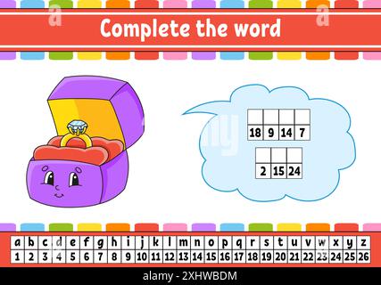 Vervollständigen Sie die Worte. Chiffriercode. Vokabeln und Zahlen lernen. Arbeitsblatt zum Bildungswesen. Aktivitätsseite für die Studie Englisch. Isolierte Vektordarstellung. Stock Vektor
