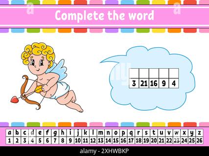 Vervollständigen Sie die Worte. Chiffriercode. Vokabeln und Zahlen lernen. Arbeitsblatt zum Bildungswesen. Aktivitätsseite für die Studie Englisch. Isolierte Vektordarstellung. Stock Vektor