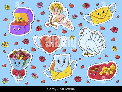 Set von Aufklebern mit niedlichen Comic-Figuren. Valentinstag Cliparts. Von Hand gezeichnet. Bunte Packung. Vektorgrafik. Patch Badges Kollektion. Etikett Stock Vektor