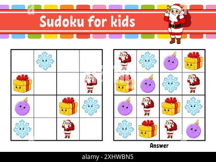 Sudoku für Kinder. Arbeitsblatt zur Entwicklung von Bildungsmaßnahmen. Zeichentrickfigur. Seite „Farbaktivität“. Puzzlespiel für Kinder. Schulung zum logischen Denken. Vektor i Stock Vektor