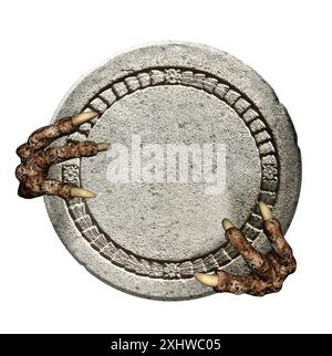 Monsterpfoten mit altem Stein. Halloween-Hintergrund mit Bestienhänden. Gruselige Charakterfinger halten den Stein. Isoliert auf weißem Hintergrund. Kopieren Stockfoto