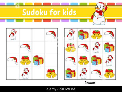 Sudoku für Kinder. Arbeitsblatt zur Entwicklung von Bildungsmaßnahmen. Zeichentrickfigur. Seite „Farbaktivität“. Puzzlespiel für Kinder. Weihnachtsmotiv. Isolierter Vektor Stock Vektor