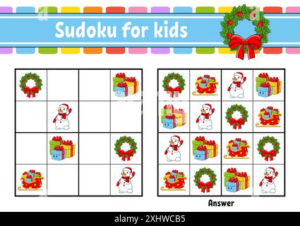Sudoku für Kinder. Arbeitsblatt zur Entwicklung von Bildungsmaßnahmen. Zeichentrickfigur. Seite „Farbaktivität“. Puzzlespiel für Kinder. Weihnachtsmotiv. Isolierter Vektor Stock Vektor