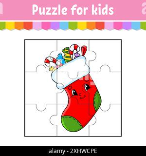 Puzzlespiel für Kinder. Stichsäge. Farbiges Arbeitsblatt. Weihnachtsmotiv. Aktivität". Isolierte Vektordarstellung. Zeichentrickstil. Stock Vektor