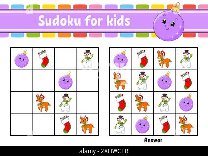 Sudoku für Kinder. Arbeitsblatt zur Entwicklung von Bildungsmaßnahmen. Zeichentrickfigur. Seite „Farbaktivität“. Puzzlespiel für Kinder. Schulung zum logischen Denken. Vektor i Stock Vektor