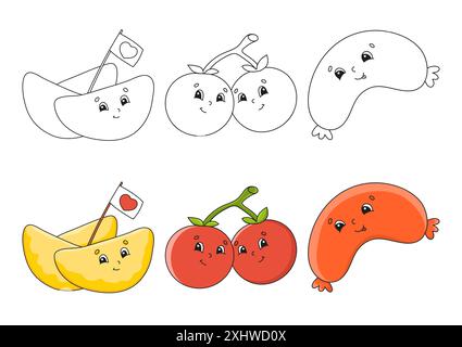 Ausmalseite für Kinder festlegen. Niedliche Zeichentrickfiguren. Schwarzer Strich. Mit Probe. Vektorabbildung. Grillmotiv. Stock Vektor