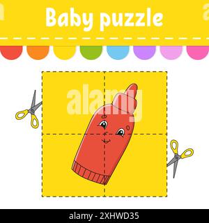 Baby Puzzle. Einfache Ebene. Flash-Karten. Schneiden und spielen. Arbeitsblatt für Farbaktivität. Spiel für Kinder. Zeichentrickfigur. Stock Vektor