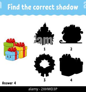 Suchen Sie den richtigen Schatten. Arbeitsblatt zur Entwicklung von Bildungsmaßnahmen. Weihnachtsmotiv. Passendes Spiel für Kinder. Aktivität". Puzzle für Kinder. Zeichentrickcharakter Stock Vektor