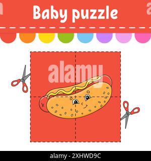 Baby Puzzle. Einfache Ebene. Flash-Karten. Schneiden und spielen. Arbeitsblatt für Farbaktivität. Spiel für Kinder. Zeichentrickfigur. Stock Vektor