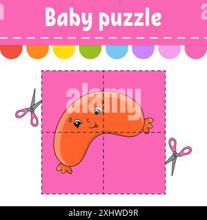 Baby Puzzle. Einfache Ebene. Flash-Karten. Schneiden und spielen. Arbeitsblatt für Farbaktivität. Spiel für Kinder. Zeichentrickfigur. Stock Vektor