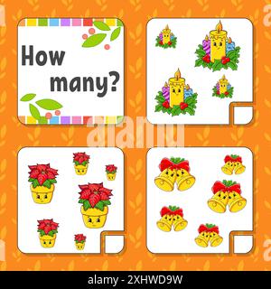 Zählspiel für Kinder. Fröhliche Charaktere. Mathematik lernen. Wie viele Objekte im Bild. Arbeitsblatt zum Bildungswesen. Weihnachtsthema. Isolierter Vec Stock Vektor