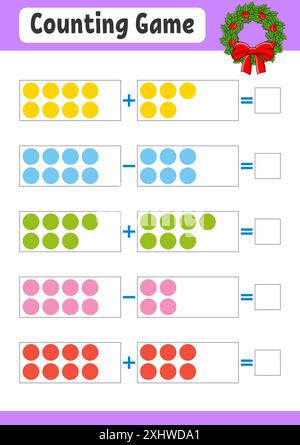 Addition und Subtraktion. Aufgabe für Kinder. Arbeitsblatt zur Entwicklung von Bildungsmaßnahmen. Farbseite für Aktivität. Spiel für Kinder. Weihnachtsmotiv. Isolierte Vektorillu Stock Vektor