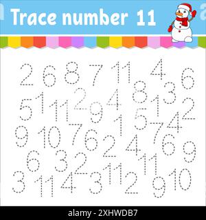 Spurennummer. Handschriftenpraxis. Zahlen für Kinder lernen. Arbeitsblatt zur Entwicklung von Bildungsmaßnahmen. Aktivität". Weihnachtsmotiv. Isolierte Vektorillust Stock Vektor