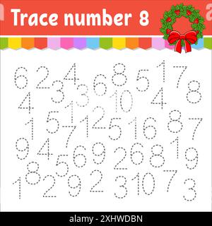Spurennummer. Handschriftenpraxis. Zahlen für Kinder lernen. Arbeitsblatt zur Entwicklung von Bildungsmaßnahmen. Aktivität". Weihnachtsmotiv. Isolierte Vektorillust Stock Vektor