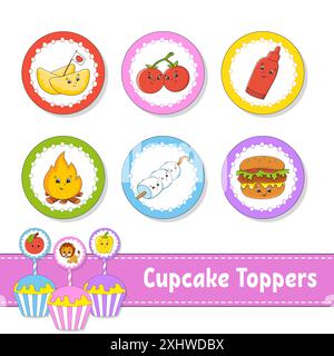 Cupcake Topper. Set mit sechs runden Bildern. Grillmotiv. Zeichentrickfiguren. Niedliches Bild. Zum Geburtstag, Babydusche. Stock Vektor