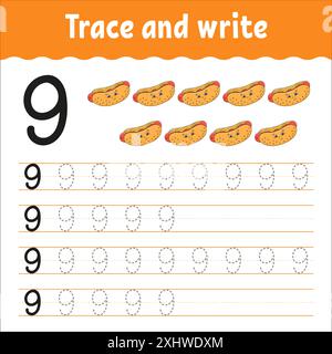 Zahlen Lernen. Trace und Write. Handschriftverfahren. Lernzahlen für Kinder. Arbeitsblatt zur Entwicklung von Schulungen. Aktivitätsseite Farbe. Isolierter Vektor Stock Vektor
