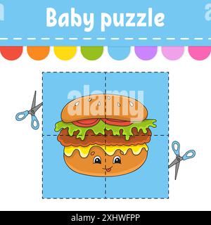 Baby Puzzle. Einfache Ebene. Flash-Karten. Schneiden und spielen. Arbeitsblatt für Farbaktivität. Spiel für Kinder. Zeichentrickfigur. Stock Vektor