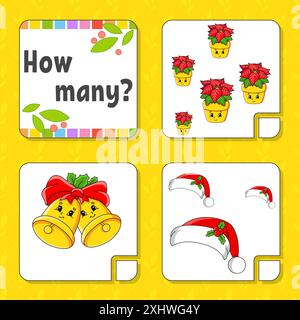 Zählspiel für Kinder. Fröhliche Charaktere. Mathematik lernen. Wie viele Objekte im Bild. Arbeitsblatt zum Bildungswesen. Weihnachtsthema. Isolierter Vec Stock Vektor