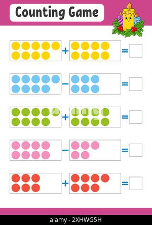 Addition und Subtraktion. Aufgabe für Kinder. Arbeitsblatt zur Entwicklung von Bildungsmaßnahmen. Farbseite für Aktivität. Spiel für Kinder. Weihnachtsmotiv. Isolierte Vektorillu Stock Vektor