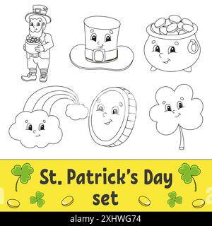 Bild für Kinder. St. Patrick's Day. Fröhliche Charaktere. Vektorgrafik. Niedlicher Cartoon-Stil. Schwarze Kontur Silhouette. Isoliert auf weiß b Stock Vektor