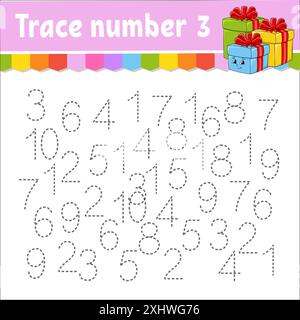 Spurennummer. Handschriftenpraxis. Zahlen für Kinder lernen. Arbeitsblatt zur Entwicklung von Bildungsmaßnahmen. Aktivität". Weihnachtsmotiv. Isolierte Vektorillust Stock Vektor