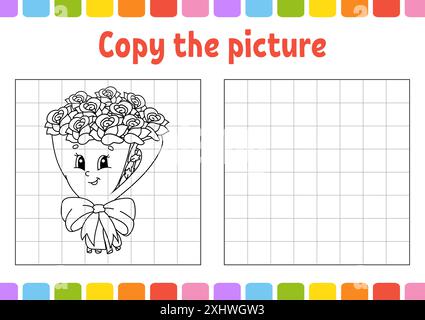 Kopieren Sie das Bild. Malbuch-Seiten für Kinder. Arbeitsblatt zur Entwicklung von Bildungsmaßnahmen. Spiel für Kinder. Handschriftenpraxis. Valentinstag. Niedlicher Cartoon Stock Vektor