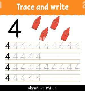 Zahlen Lernen. Trace und Write. Handschriftverfahren. Lernzahlen für Kinder. Arbeitsblatt zur Entwicklung von Schulungen. Aktivitätsseite Farbe. Isolierter Vektor Stock Vektor