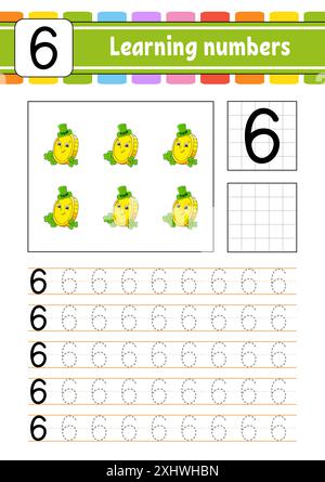 Zahlen nachverfolgen und schreiben. Handschriftenpraxis. Zahlen für Kinder lernen. Arbeitsblatt zur Entwicklung von Bildungsmaßnahmen. Aktivität". Vektorabbildung. Stock Vektor