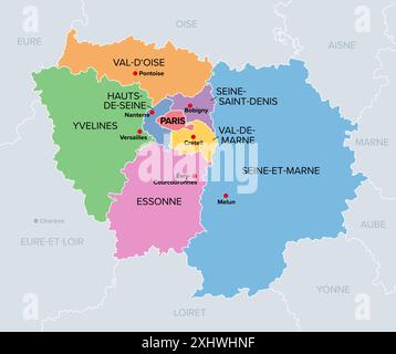 Ile-de-France, Departements und Präfekturen der Region Paris, mehrfarbige politische Karte. Die bevölkerungsreichste Region Frankreichs. Stockfoto