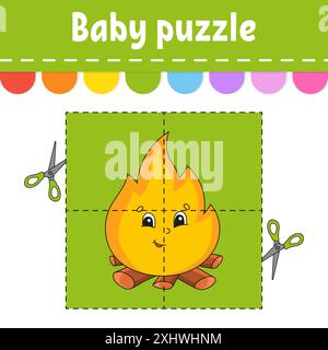 Baby Puzzle. Einfache Ebene. Flash-Karten. Schneiden und spielen. Arbeitsblatt für Farbaktivität. Spiel für Kinder. Zeichentrickfigur. Stock Vektor