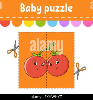 Baby Puzzle. Einfache Ebene. Flash-Karten. Schneiden und spielen. Arbeitsblatt für Farbaktivität. Spiel für Kinder. Zeichentrickfigur. Stock Vektor