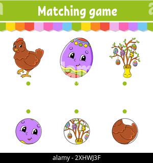 Passendes Spiel für Kinder. Arbeitsblatt zur Entwicklung von Bildungsmaßnahmen. Zeichnen Sie eine Linie. Ostermotiv. Aktivität". Zeichentrickfigur. Vektorabbildung. Stock Vektor